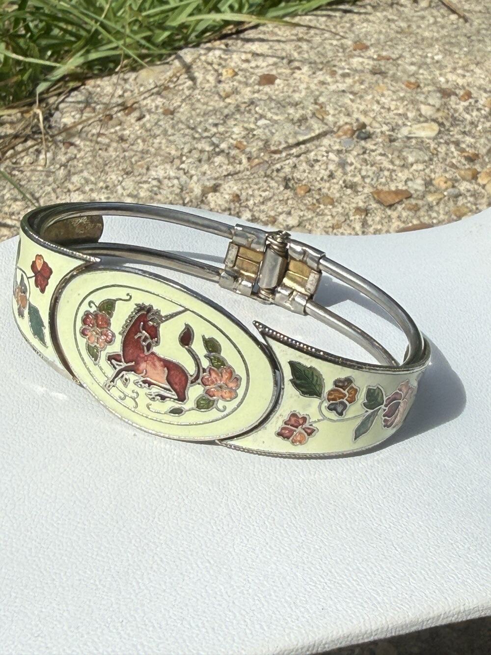 Estate Vintage Cloisonné Enamel Unicorn Floral Hinged Bracelet